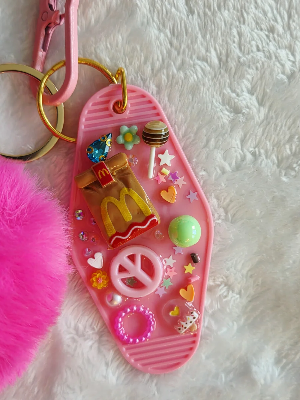 Pink Fuzzy Heart Junk Keychain with Decorative Pink Peace McDonalds Bag Charm